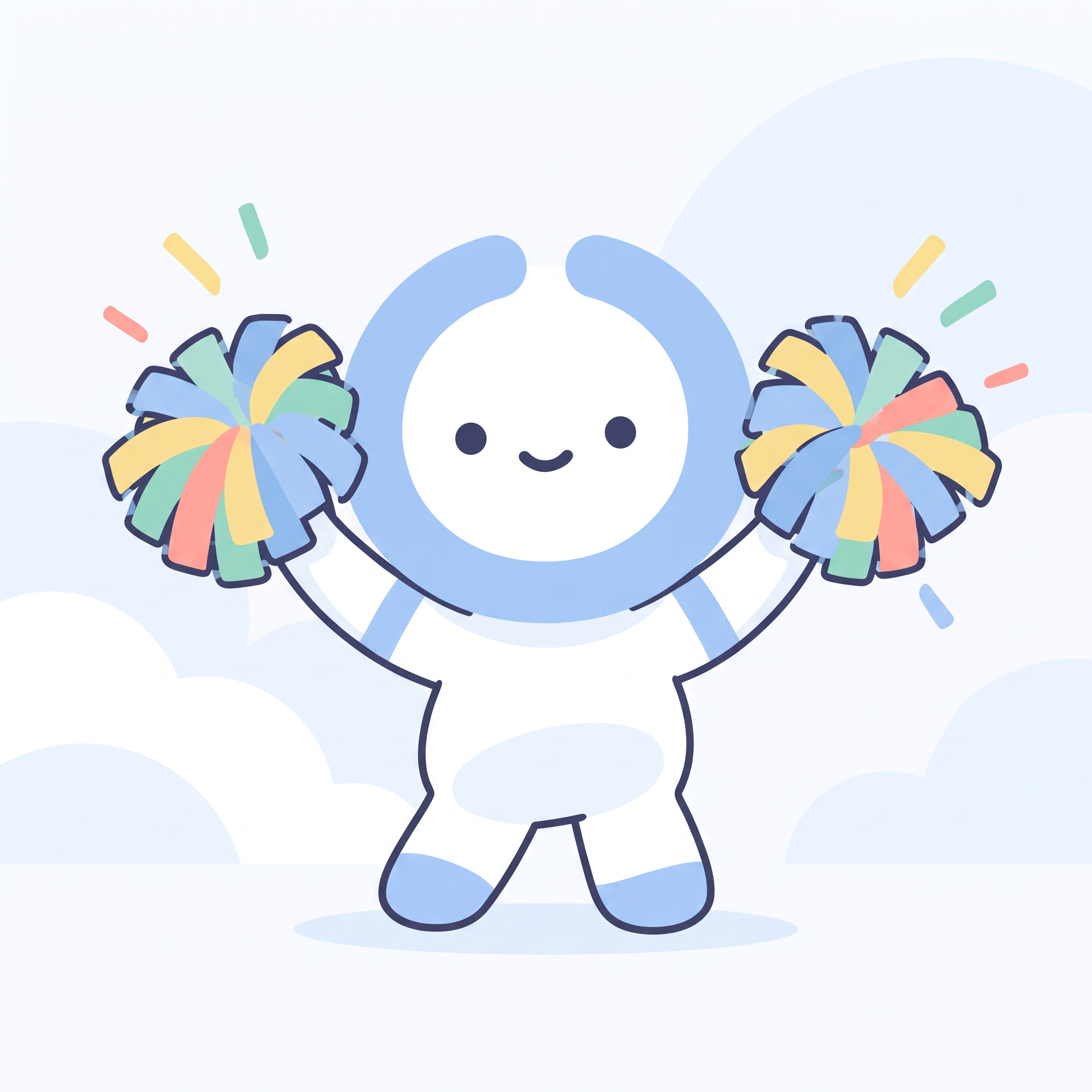 High-resolution recreation of the corrected Oleno mascot: open-ring head, tiny dot eyes, rounded white body and pastel pompoms.