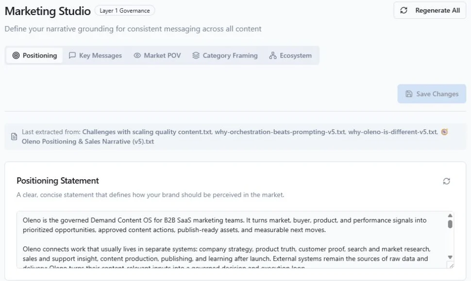 Actual Oleno Marketing Studio screenshot, showing the Positioning, Key Messages and Market POV tabs and the positioning statement field.