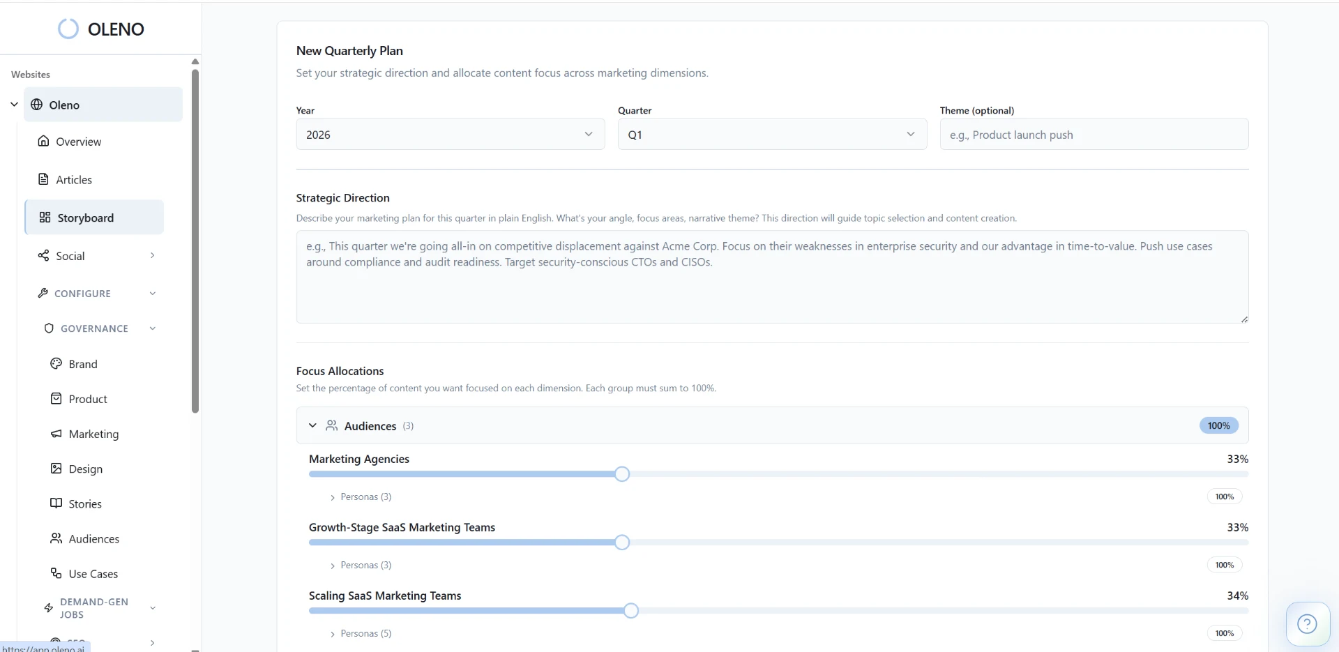 Actual Oleno Storyboard Plan Builder screenshot, showing a new quarterly plan with year, quarter, a strategic direction field, and focus allocations across three audiences.