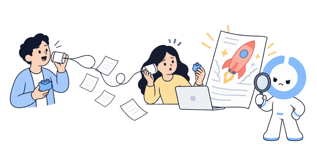 A company expert shares a small product detail through a tin-can telephone. Information falls away before it reaches the writer, whose AI turns the incomplete brief into an overconfident claim. Oleno inspects the result.