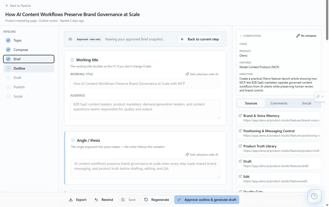 Actual Oleno Workbench screenshot, showing the approved brief, audience, angle and thesis, sources, and the outline approval control.
