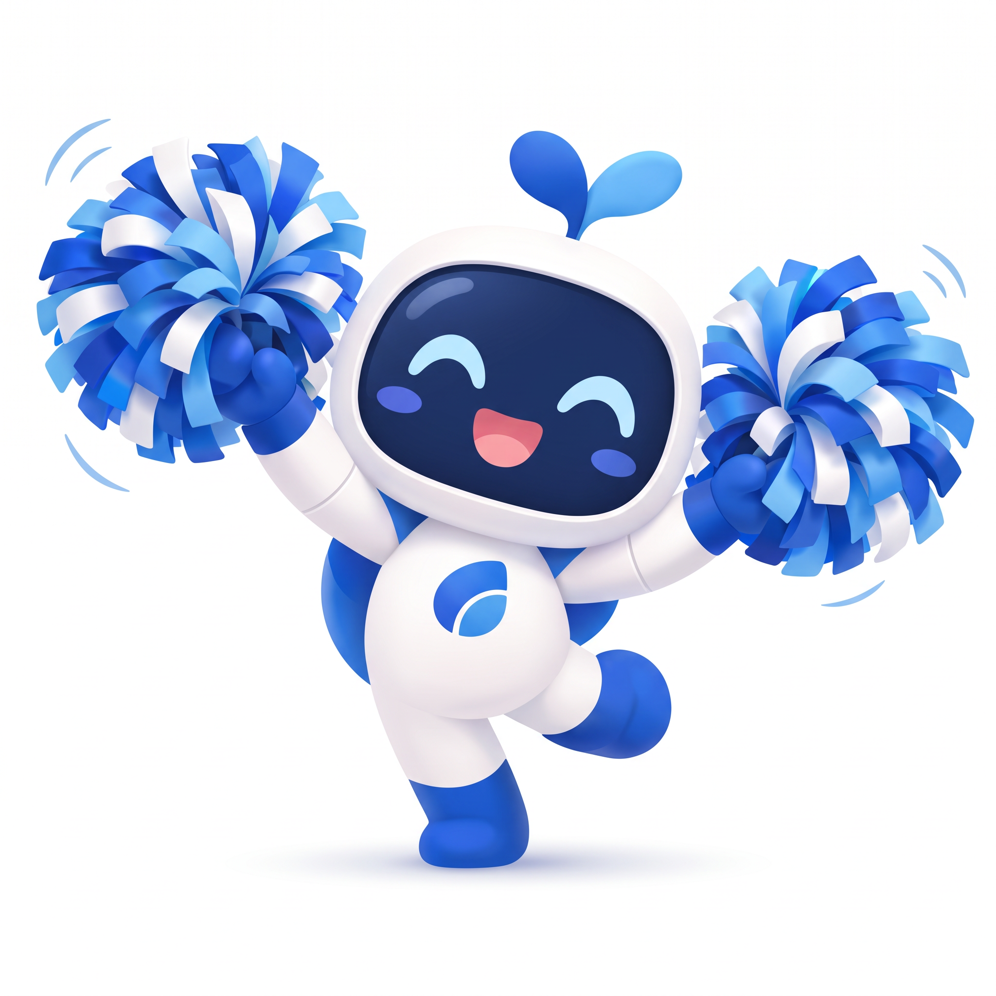 High-resolution recreation of the first render: cheerful white-and-blue robot with a navy screen-face and blue pompoms.